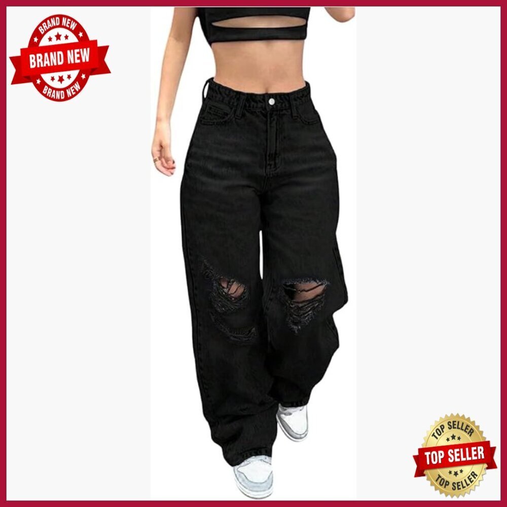 High Waisted Wide Leg Ripped Jeans Distressed Boyfriend Denim Pants